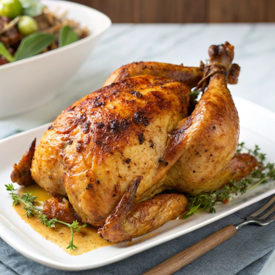 A golden roasted Cornish Cross chicken on a white platter with fresh thyme