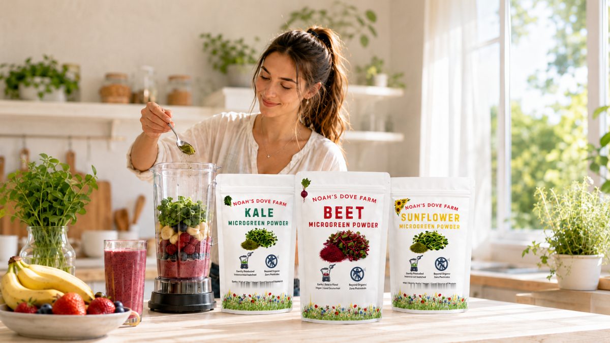 Spooning Noah's Dove Farm microgreen powder into a smoothie, with kale, beet and sunflower pouches on the counter